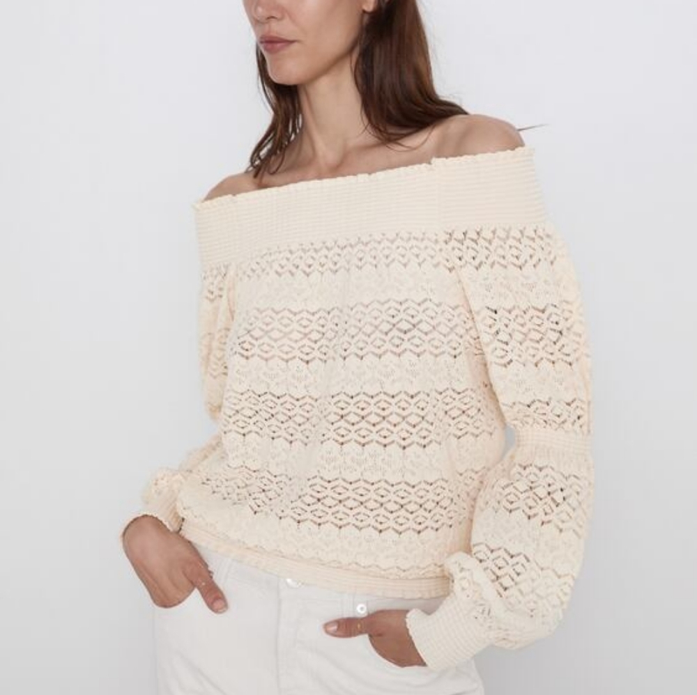 Zara romantic over the shoulder top (BEIGE) Medium